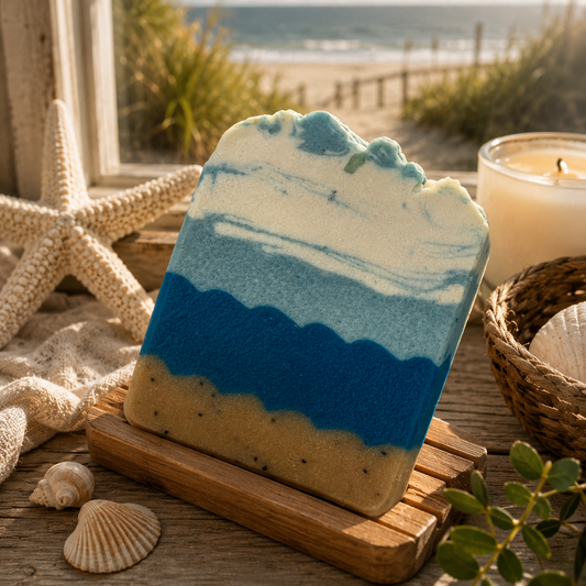 Beach Walk handmade cold process soap bar with a blue and white coastal swirl by Black Bow Market