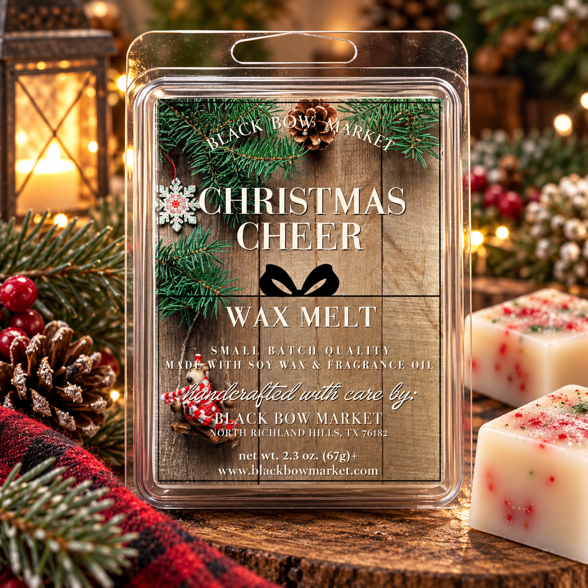 Christmas Cheer soy wax melt clamshell in a rustic holiday display, hand-poured by Black Bow Market