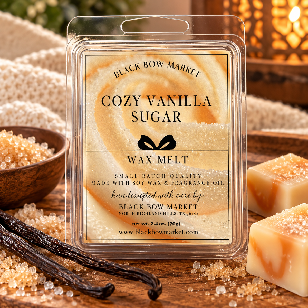 Cozy Vanilla Sugar soy wax melt clamshell, hand-poured by Black Bow Market in Keller, Texas