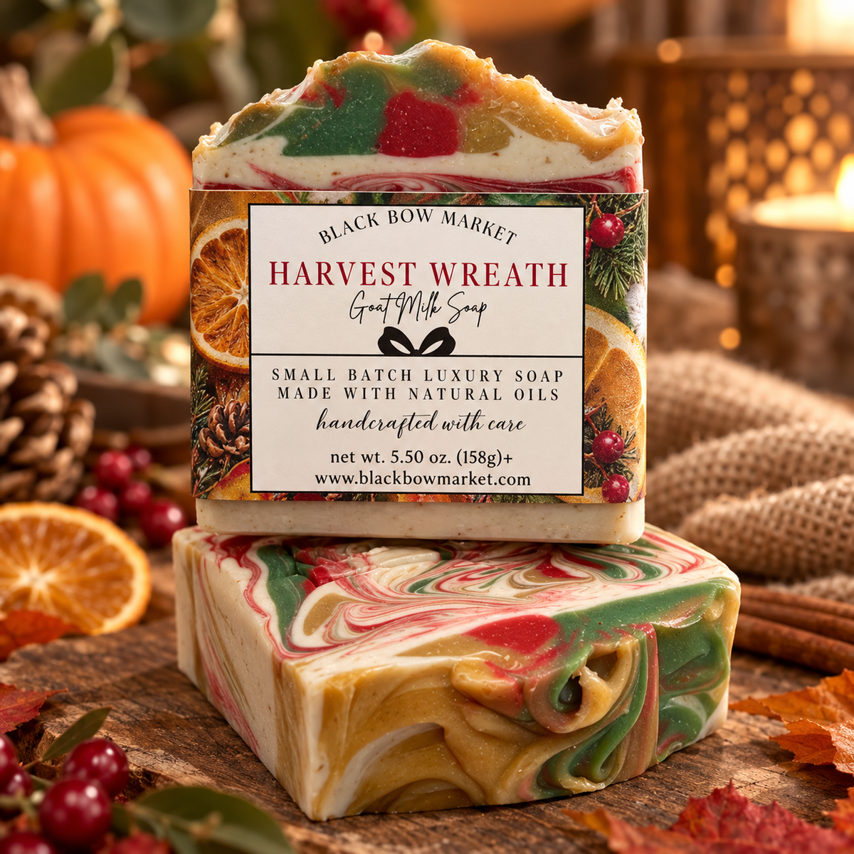 Harvest Wreath goat milk soap with a white, green, yellow, and red swirl, handmade cold process by Black Bow Market in Keller, Texas