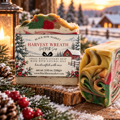 Harvest Wreath handmade goat milk soap bars in a snowy cabin setting with pinecones and berries