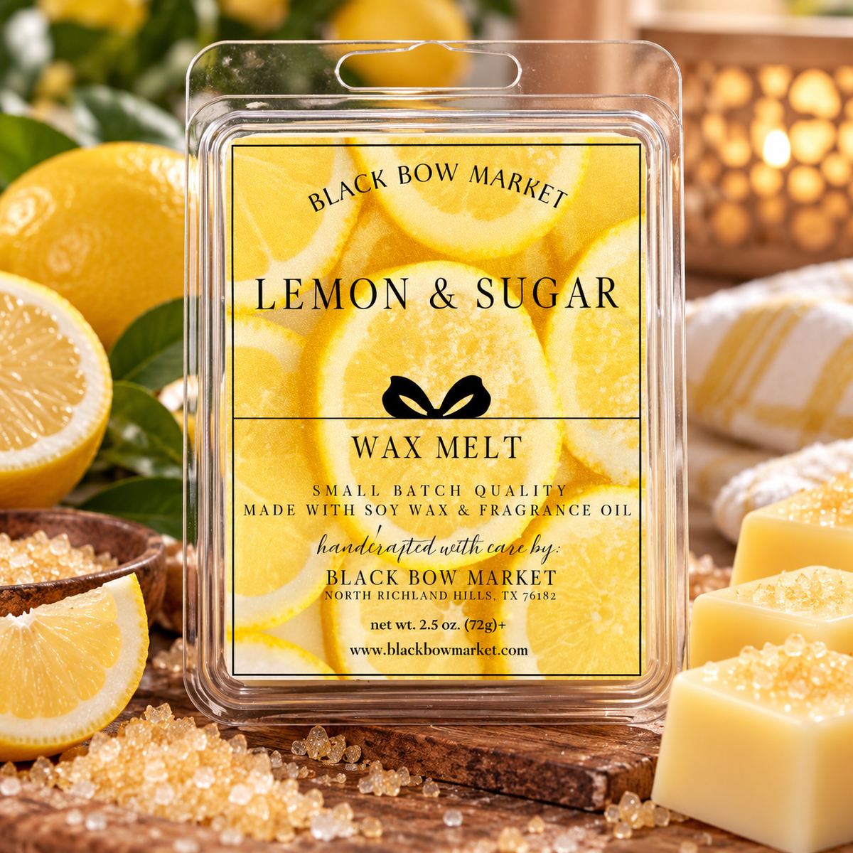 Lemon & Sugar soy wax melt clamshell, hand-poured by Black Bow Market in Keller, Texas