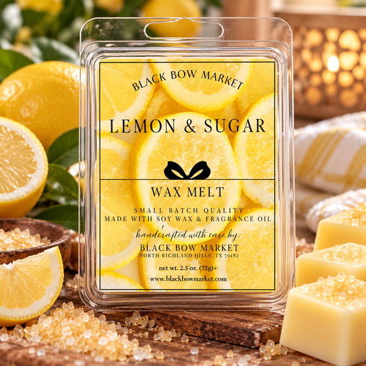 Lemon & Sugar soy wax melt clamshell, hand-poured by Black Bow Market in Keller, Texas