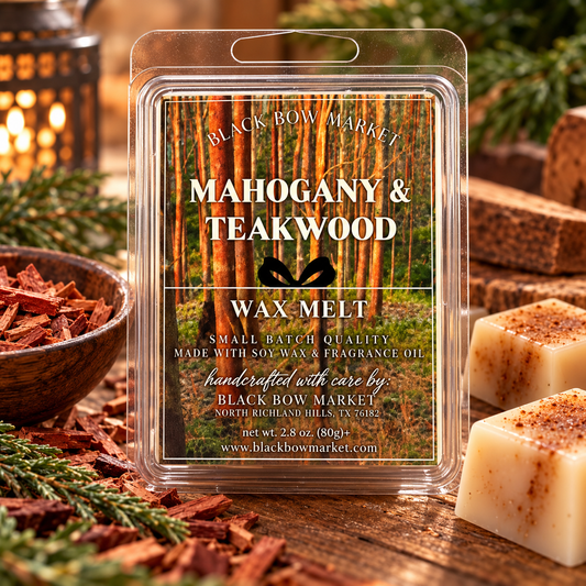 Mahogany & Teakwood soy wax melt clamshell, hand-poured by Black Bow Market in Keller, Texas