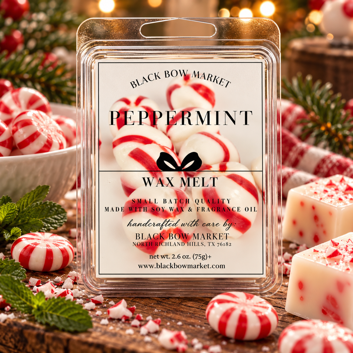 Peppermint soy wax melt clamshell in a holiday display, hand-poured by Black Bow Market