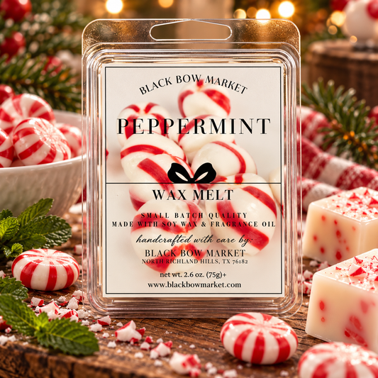 Peppermint soy wax melt clamshell in a holiday display, hand-poured by Black Bow Market
