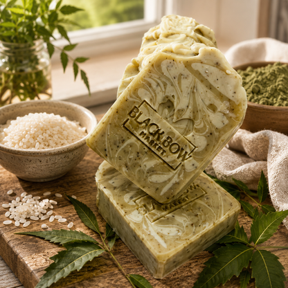 Simmer Down herbal cold process soap bar with a deep green and olive swirl and snow-white ribbon by Black Bow Market