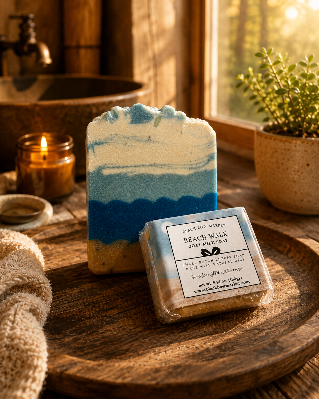 Beach Walk fresh coastal soap bar, blue and white, handmade by Black Bow Market