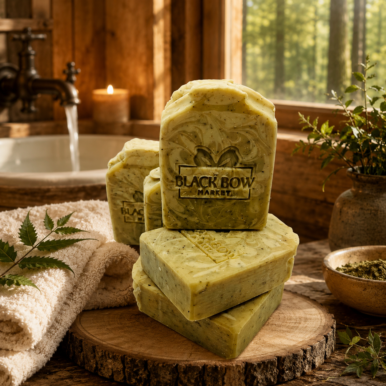 Simmer Down essential-oil herbal soap bar with green marbled top, handmade cold process by Black Bow Market