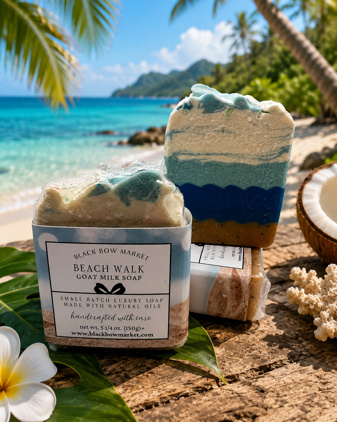Beach Walk cold process soap bar with an ocean-inspired blue swirl, handmade by Black Bow Market