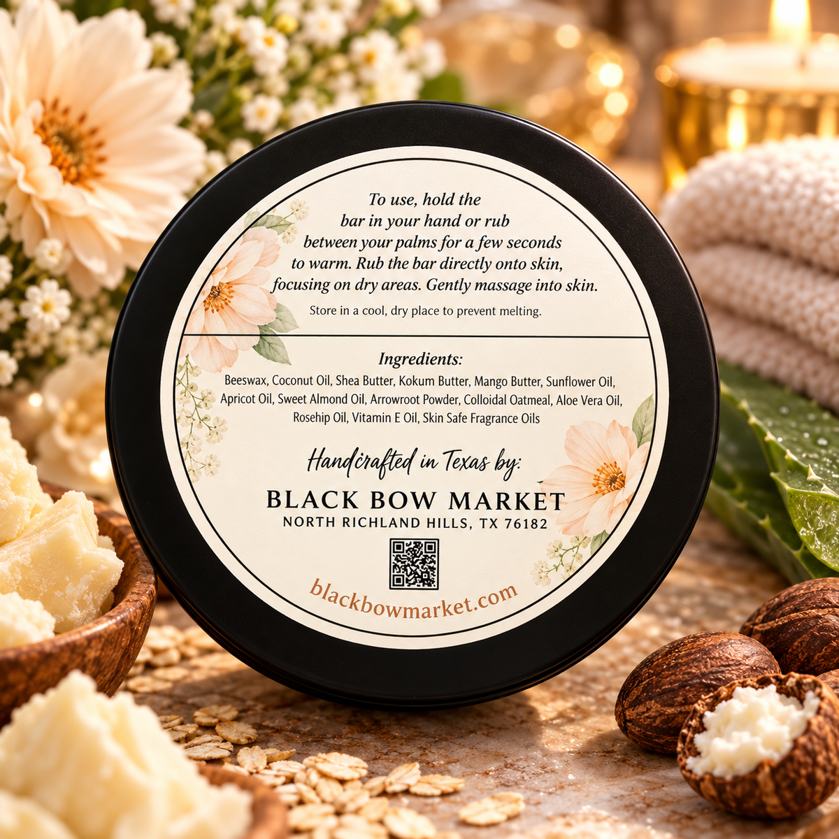 Back label of a Black Bow Market lotion bar tin showing ingredients and directions
