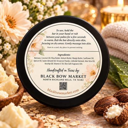 Back label of a Black Bow Market lotion bar tin showing ingredients and directions