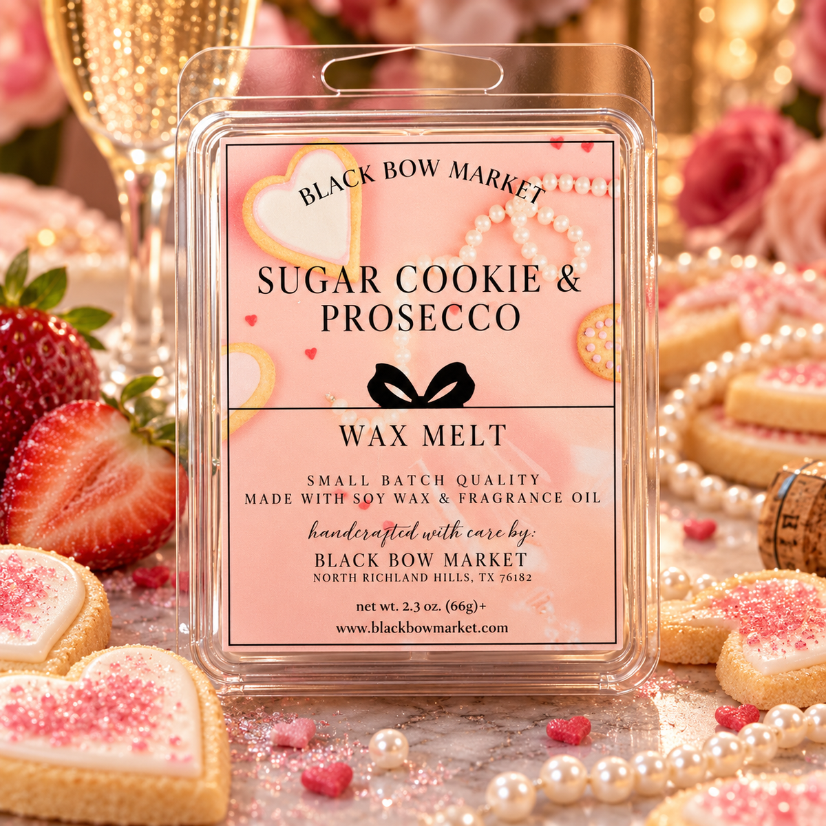 Sugar Cookie & Prosecco soy wax melt clamshell, hand-poured by Black Bow Market in Keller, Texas